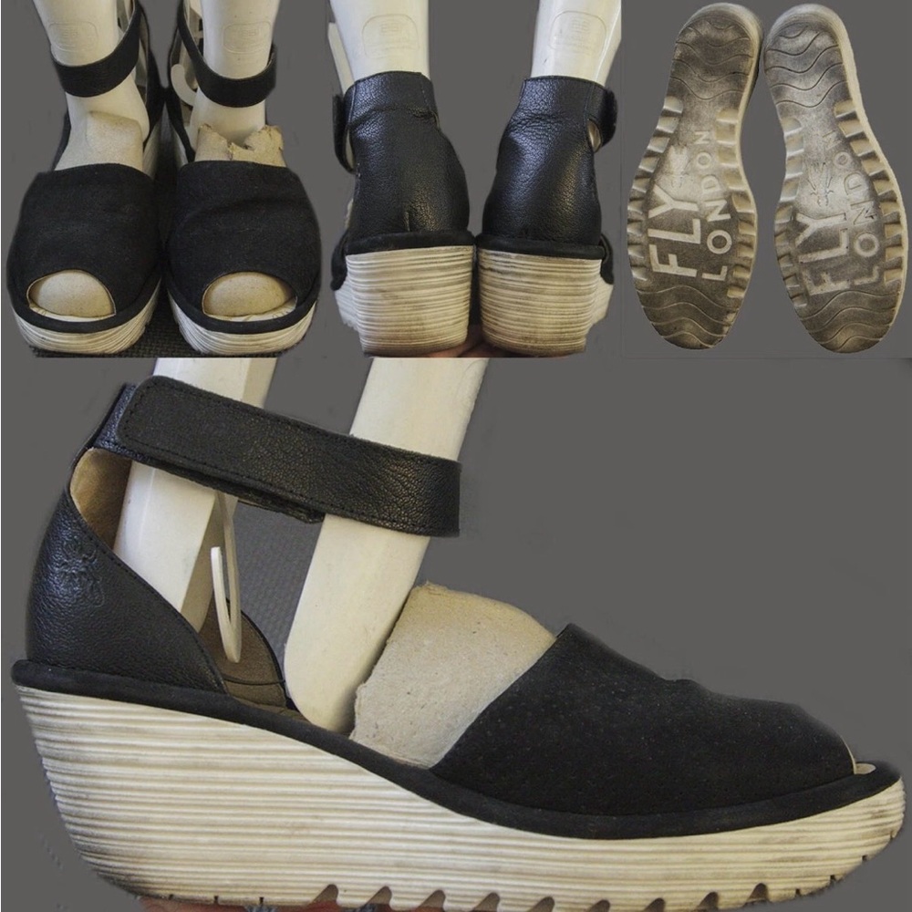 Fly London Yake Wedge Sandals Women’s Size US 10.5-11 UK 9 EUR 42, Black EUC